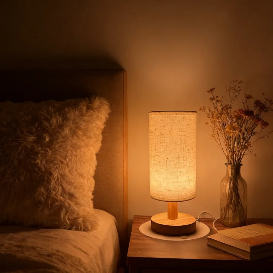 Wooden Bedside Lamp with Linen Shade | USB LED Night Light