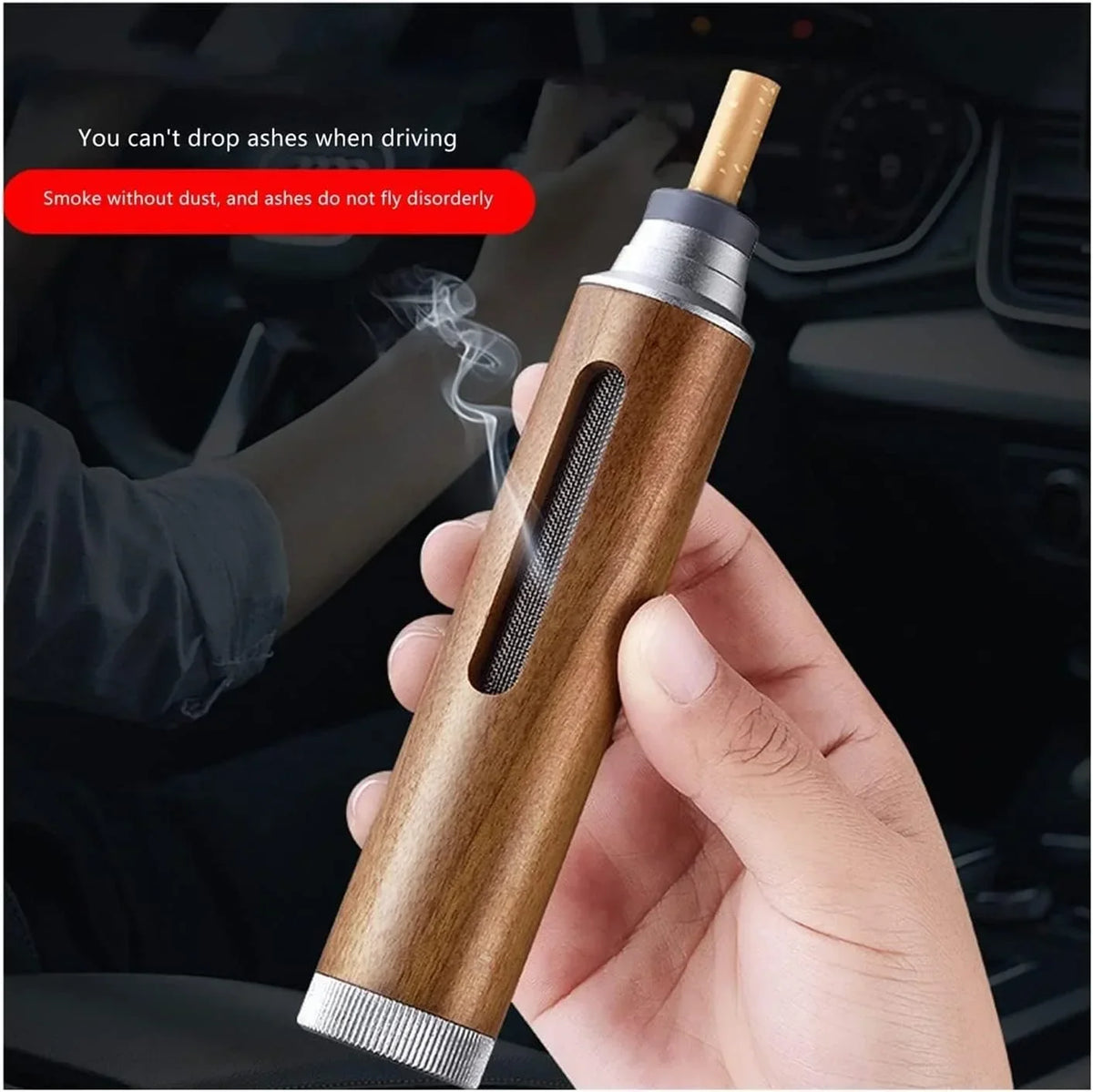 Portable Mini Car Ashtray with Lid – Fireproof Walnut
