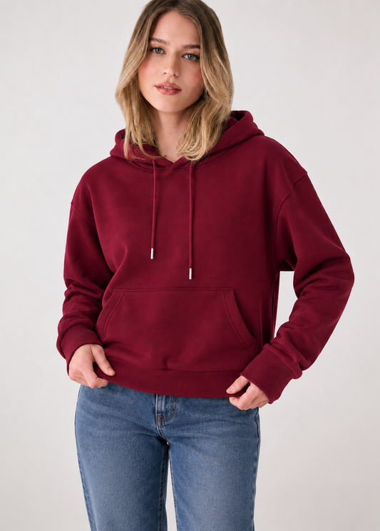 Winter Maroon Basic Hoodie For Women