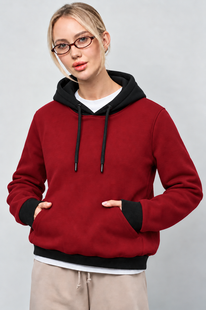 Winter Maroon With Black Basic Hoodie For Women
