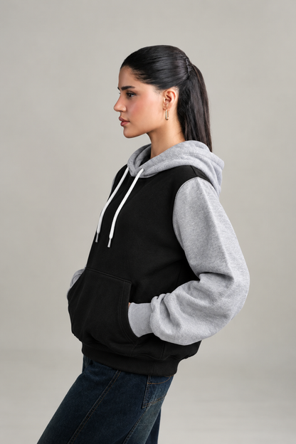Winter Black With Grey Basic Hoodie For Women
