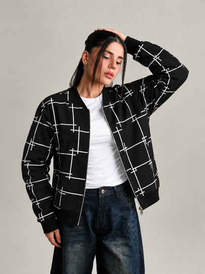 Winter Black Printed Zipper Jacket For Women