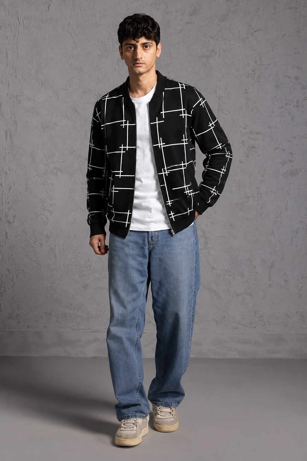 Winter Black Printed Zipper Jacket For Men