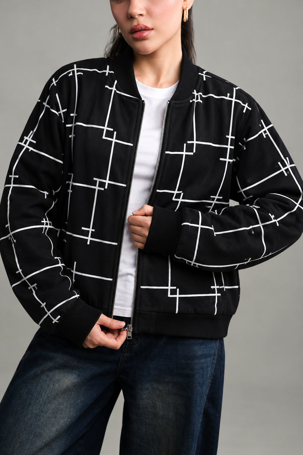 Winter Black Printed Zipper Jacket For Women