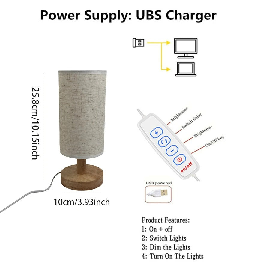 Wooden Bedside Lamp with Linen Shade | USB LED Night Light
