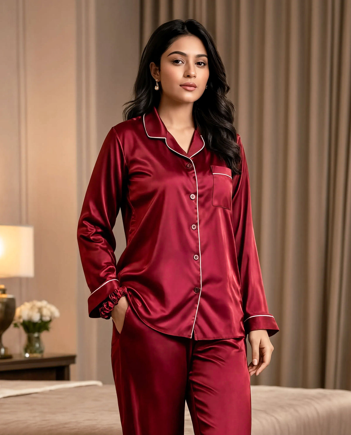Maroon Satin Silk Pj Set