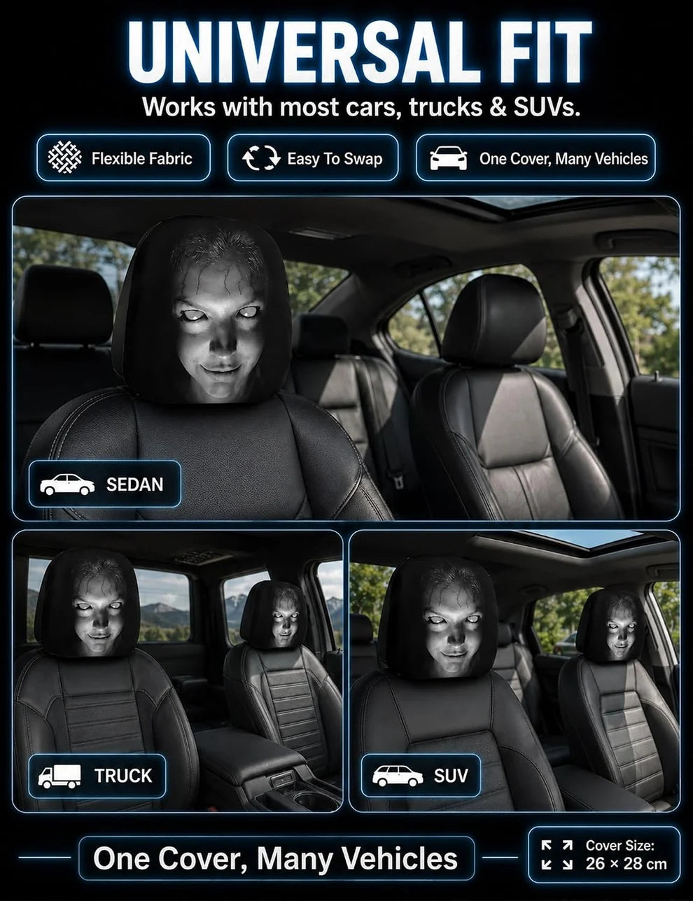 Ghost Face Headrest Covers with Glowing-Eye Effects