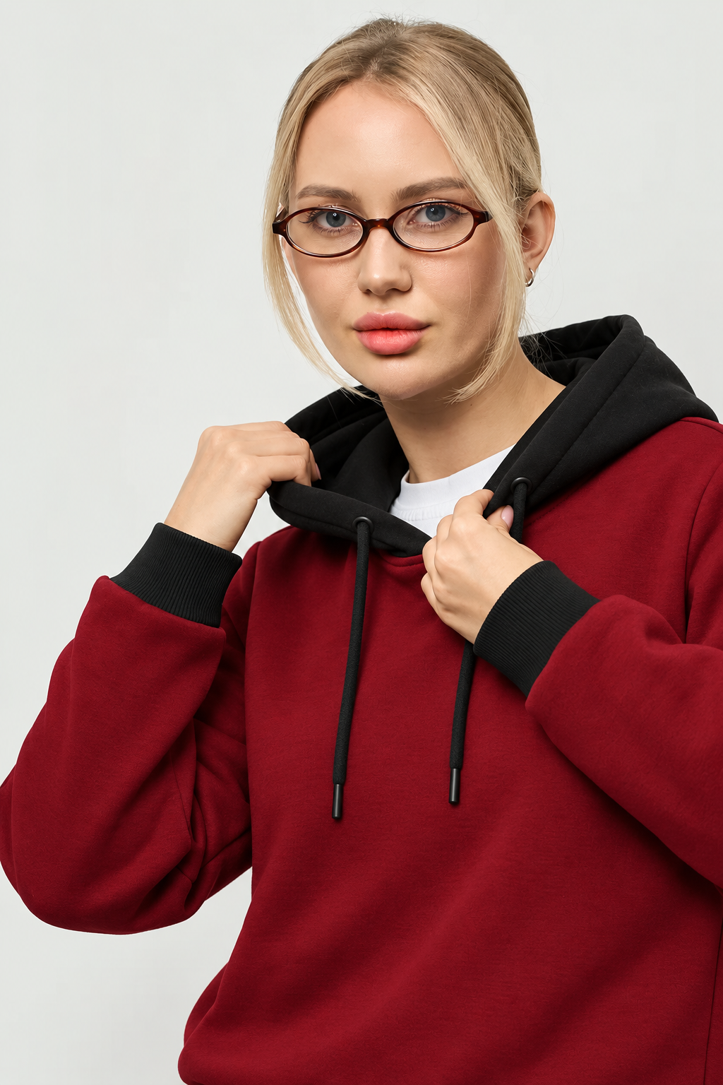 Winter Maroon With Black Basic Hoodie For Women