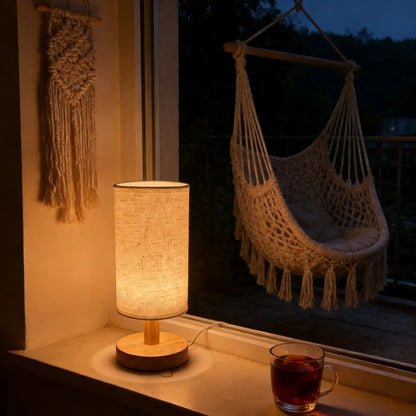Wooden Bedside Lamp with Linen Shade | USB LED Night Light