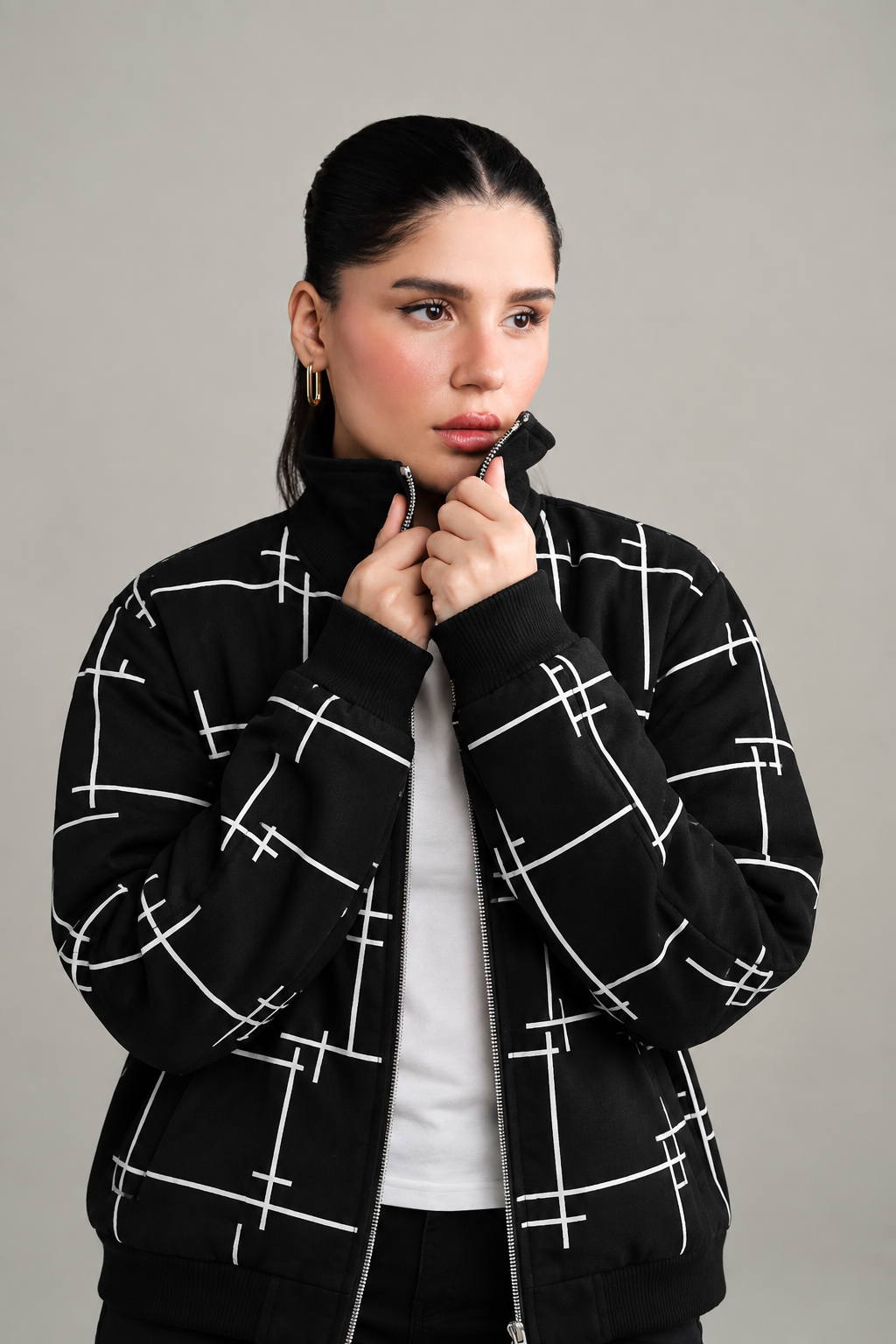 Winter Black Printed Zipper Jacket For Women
