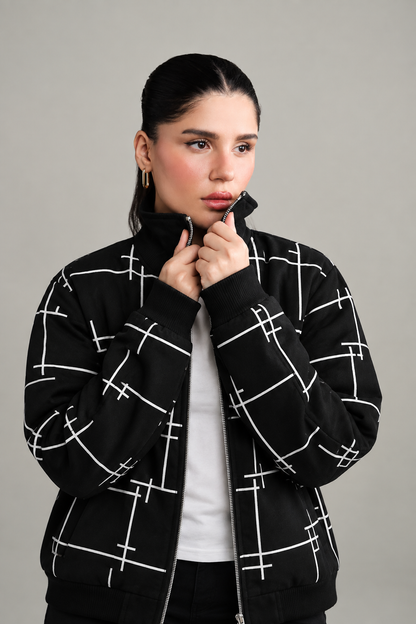 Winter Black Printed Zipper Jacket For Women