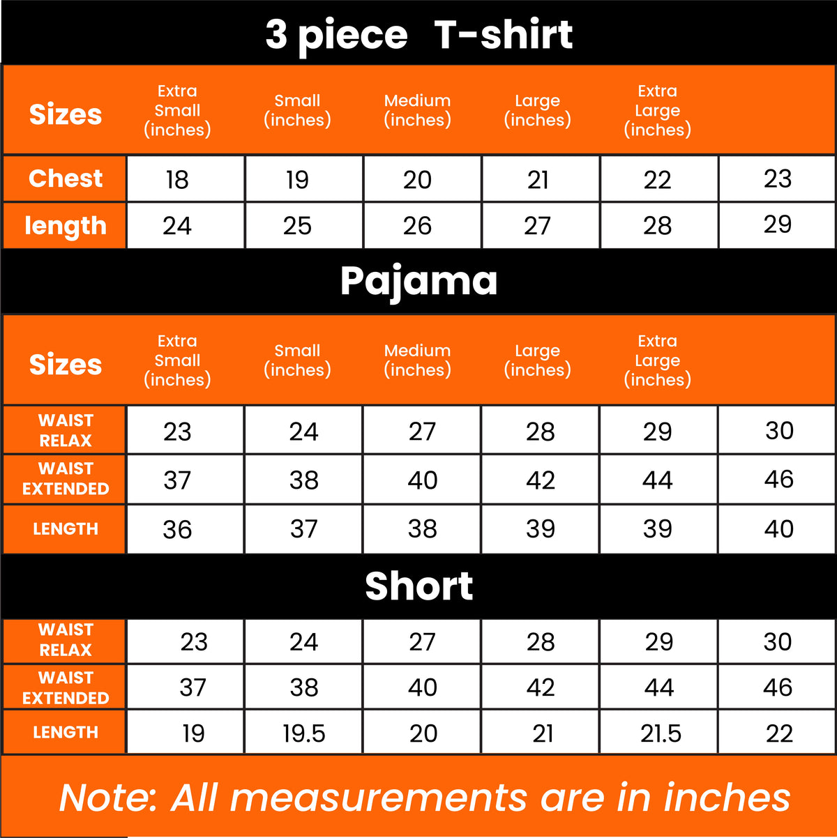 3 Piece Grey Night Nightwear - Size chart