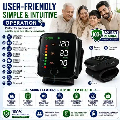 Wrist blood pressure monitor showing systolic and diastolic reading on large LCD display