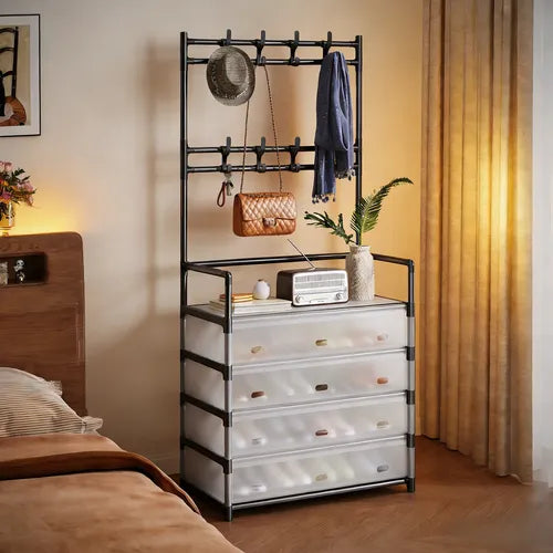 Metal Shoe Rack With Coat Hooks
