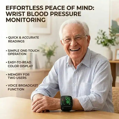 Elderly man using wrist BP monitor at home for daily blood pressure check