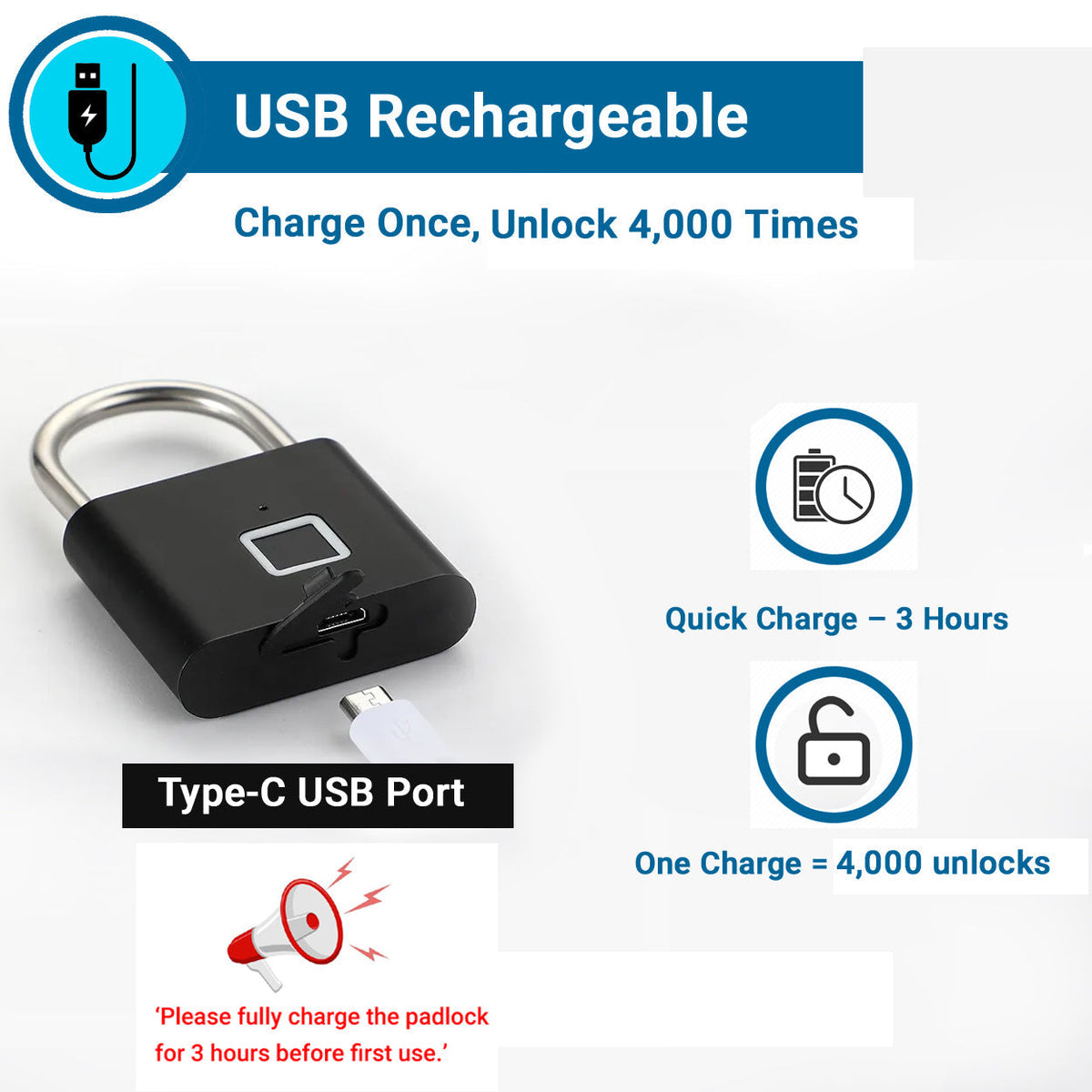 Fingerprint Lock – Smart Padlock with Keyless Biometric Access (USB Rechargeable)