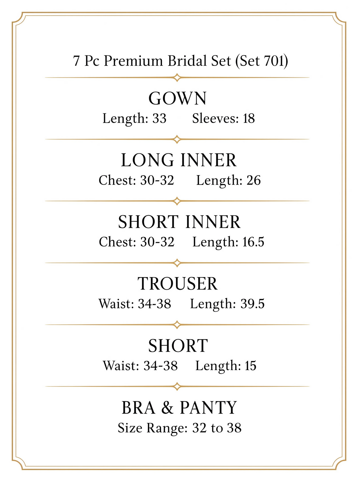 7 Piece Premium Bridal - Luxury Nightwear Essentials Nighty - Size chart