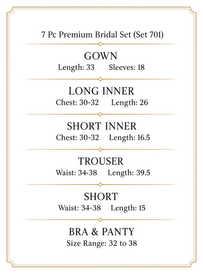 7 Piece Premium Bridal - Luxury Nightwear Essentials Nighty - Size chart