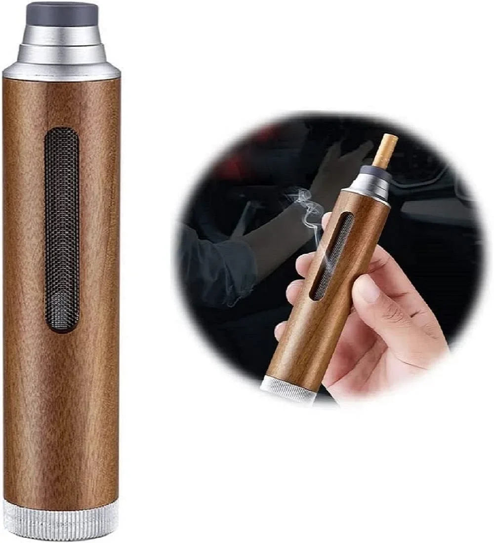 Portable Mini Car Ashtray with Lid – Fireproof Walnut