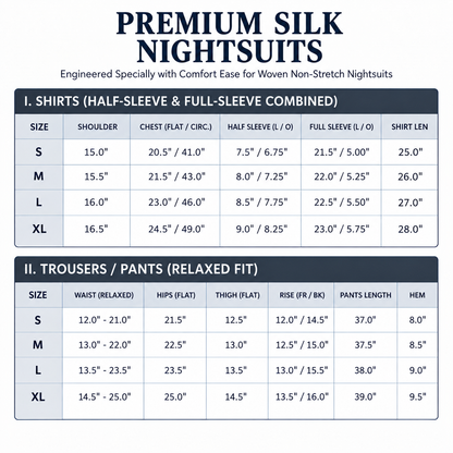 Green Satin Silk Pj Set - Size chart