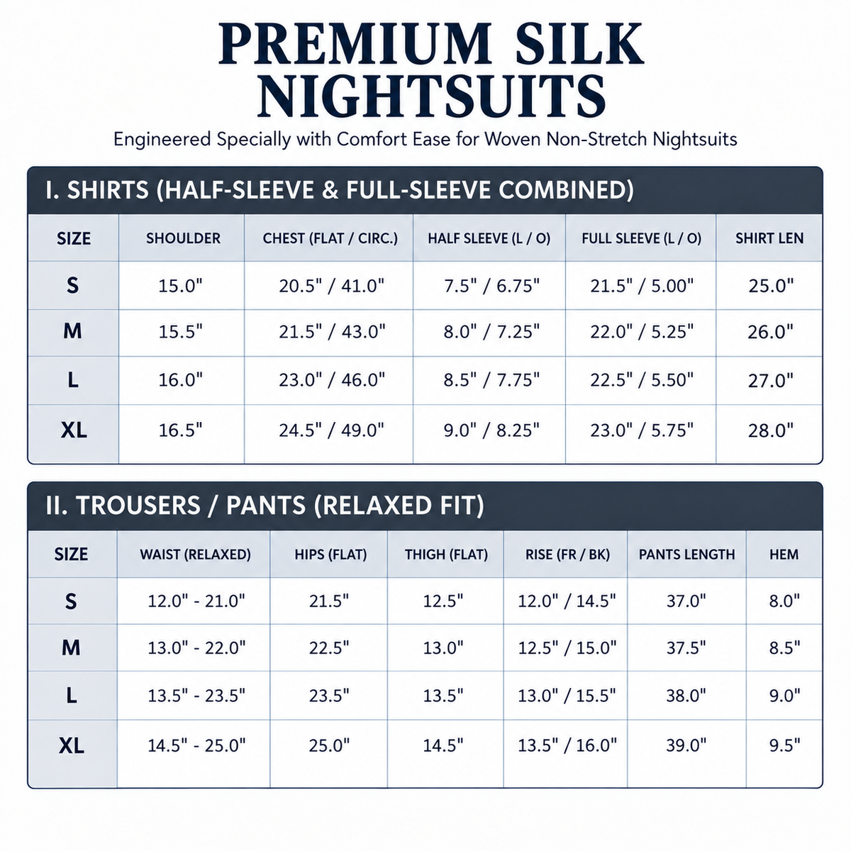 Mustard Satin Silk Pj Set - Size chart