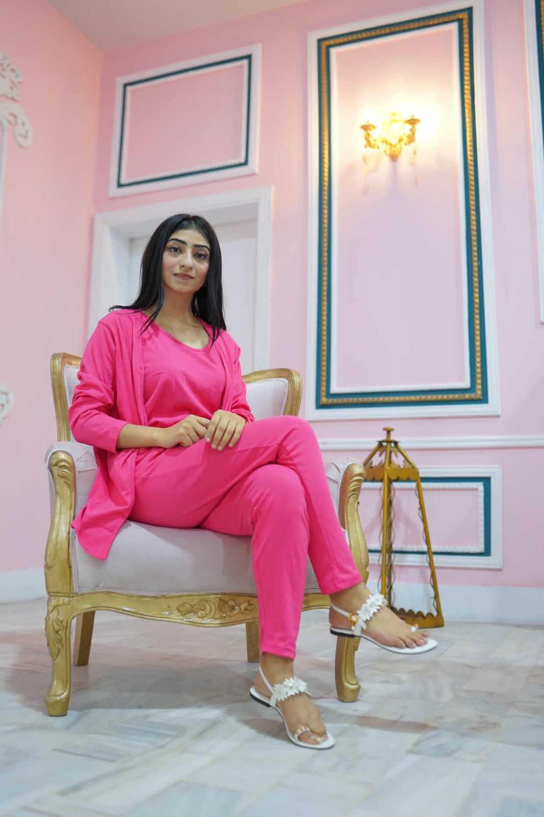 3 Piece Hot Pink Plain Nightwear