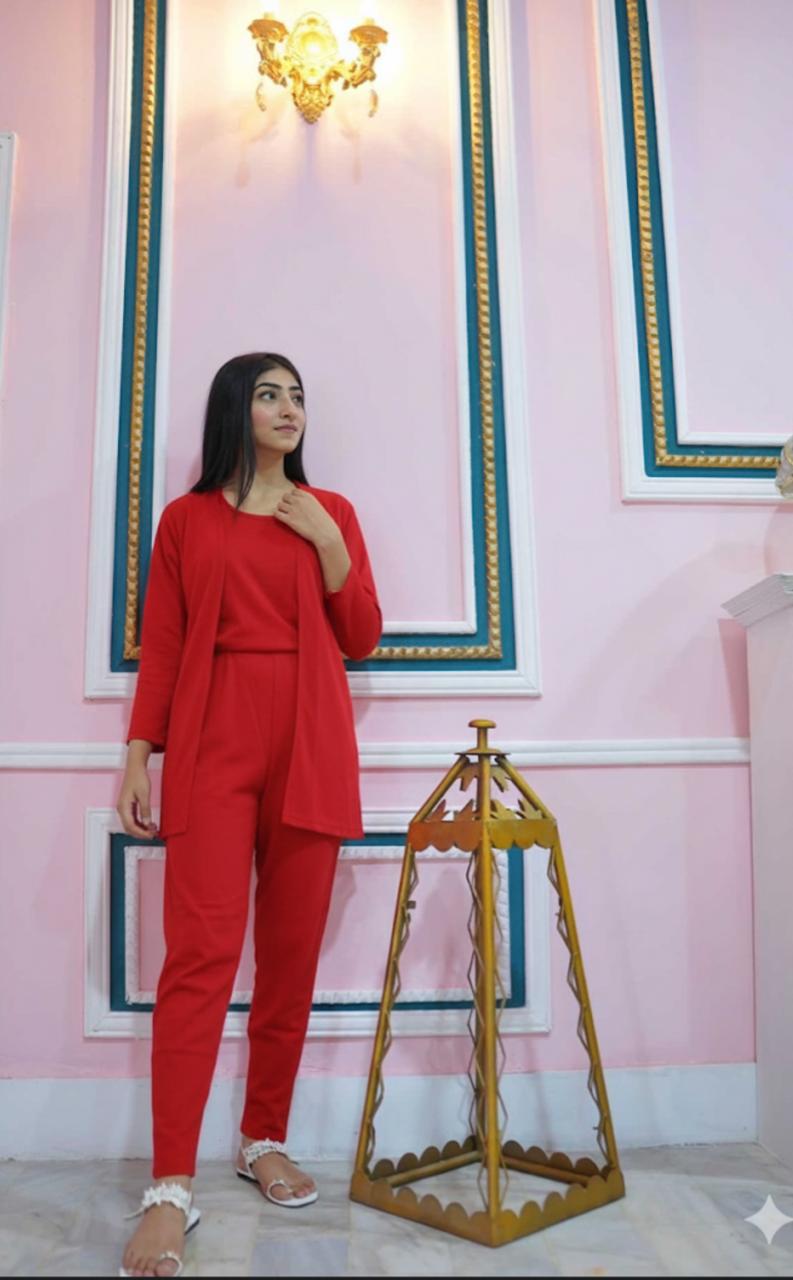 3 Piece Red Plain Nightwear