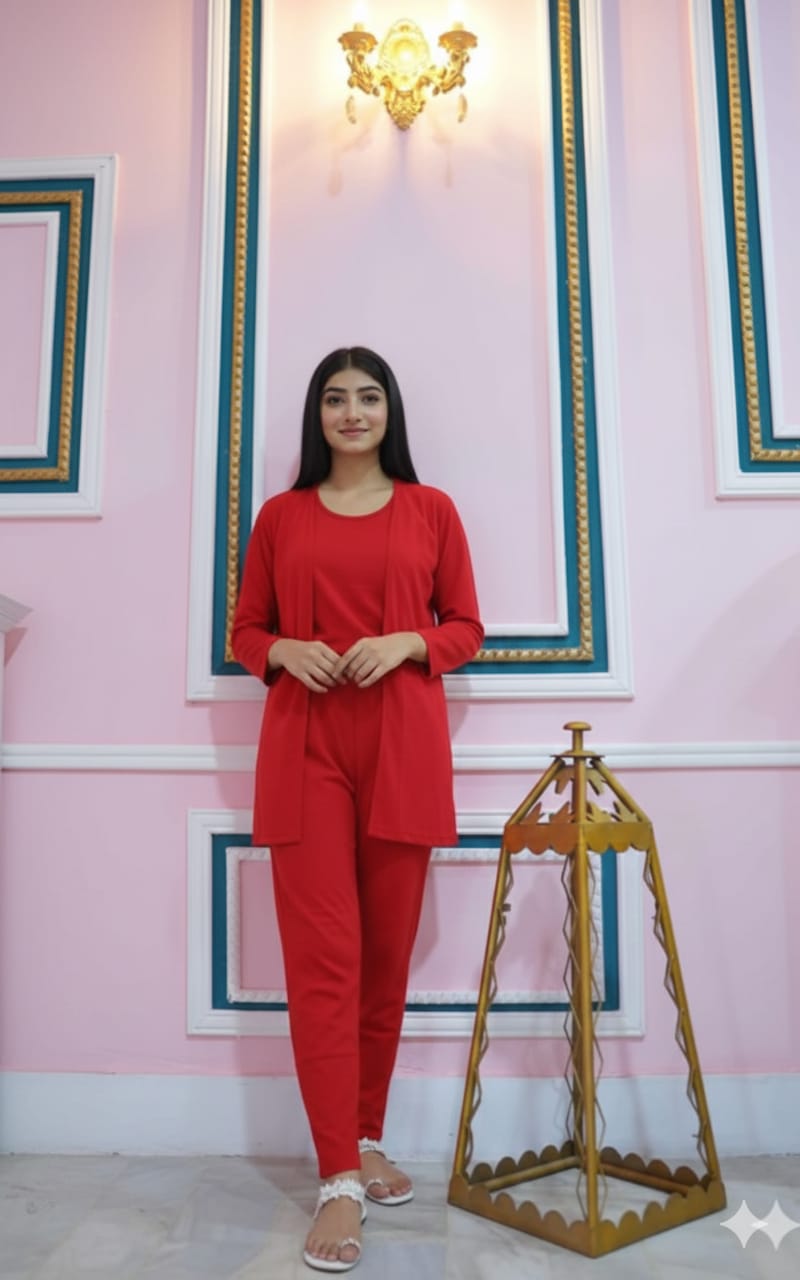 3 Piece Red Plain Nightwear