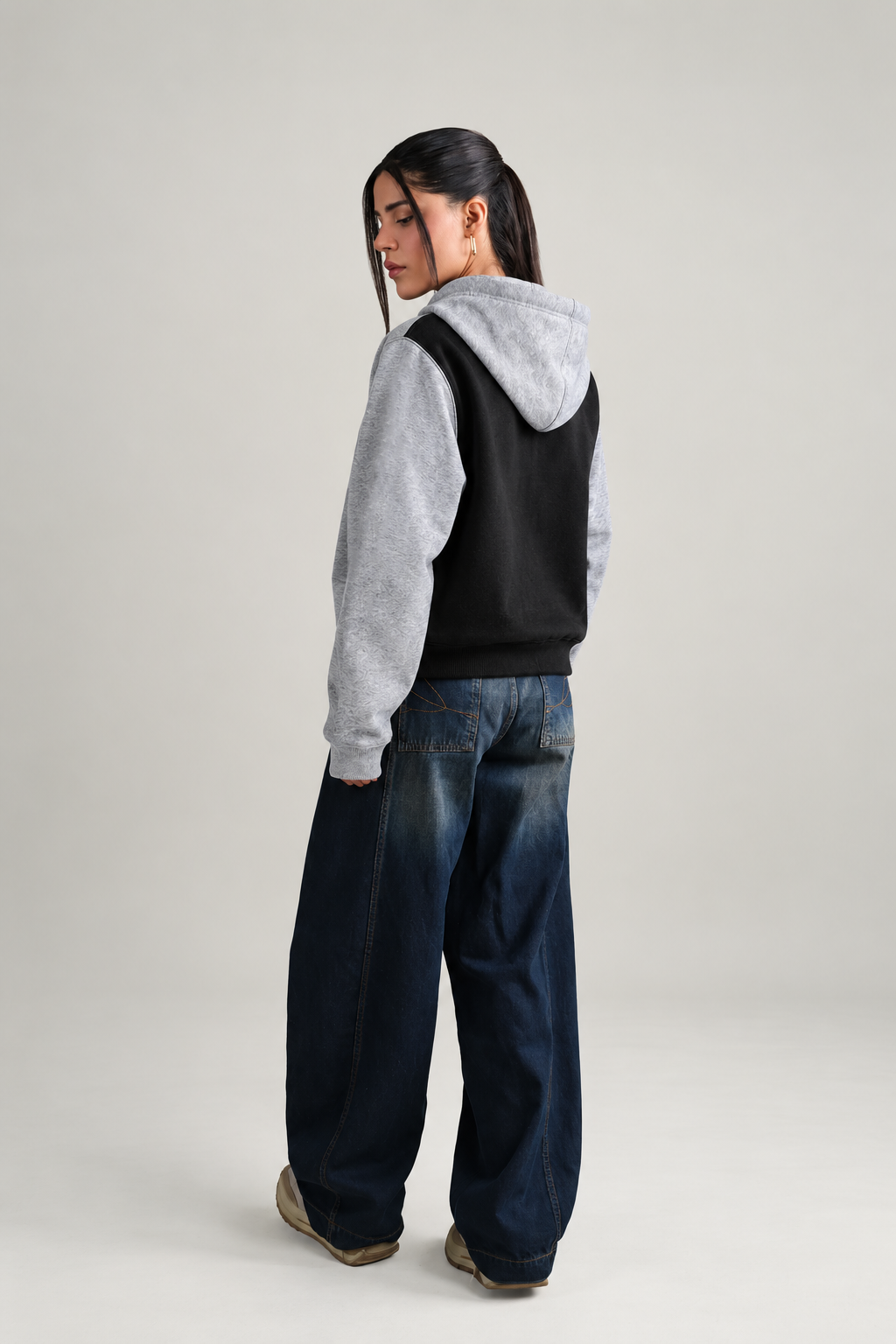 Winter Black With Grey Basic Hoodie For Women