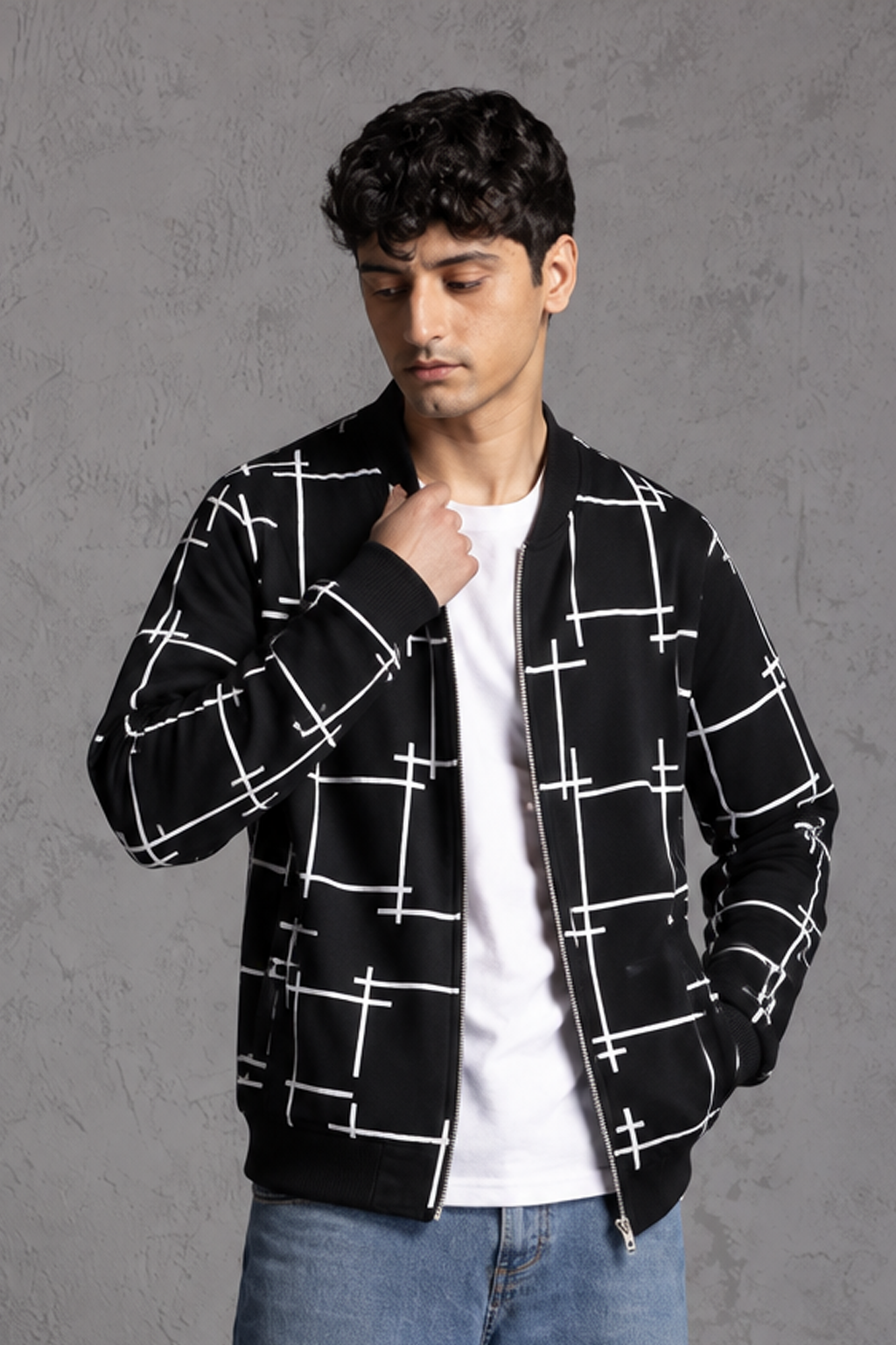 Winter Black Printed Zipper Jacket For Men