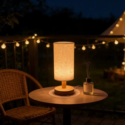 Wooden Bedside Lamp with Linen Shade | USB LED Night Light