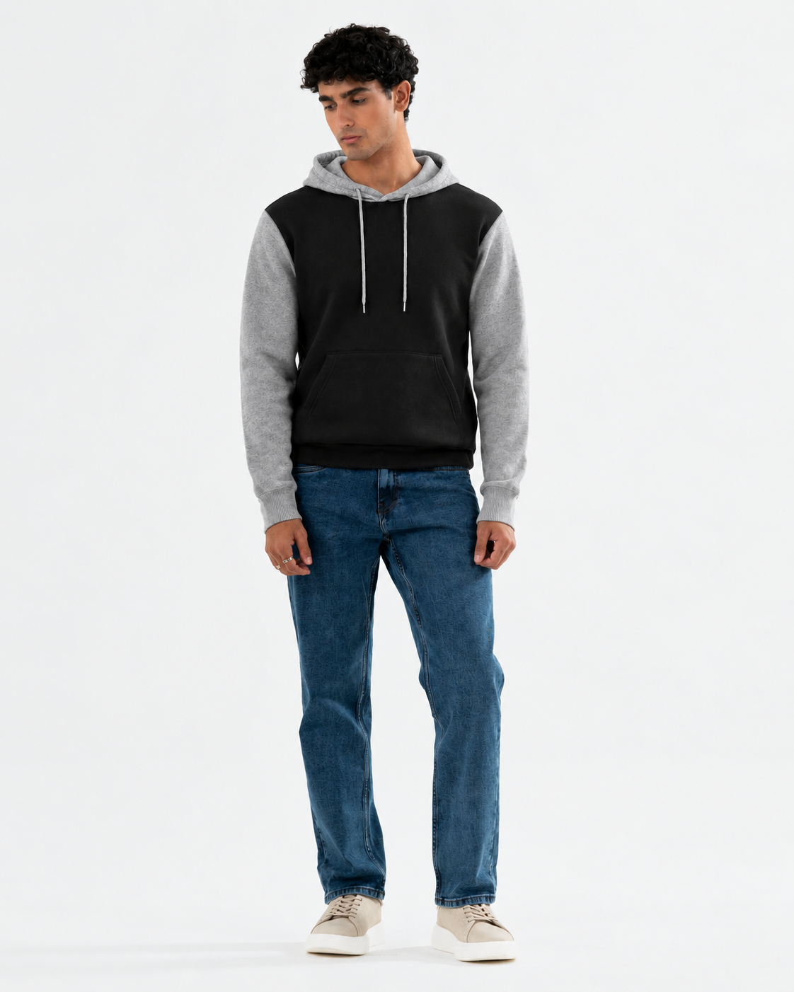 Winter Black With Grey Basic Hoodie For Men