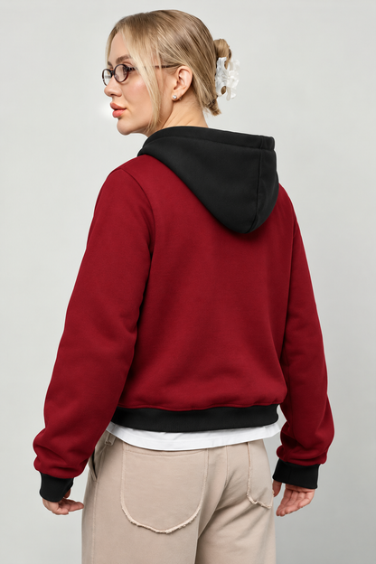 Winter Maroon With Black Basic Hoodie For Women