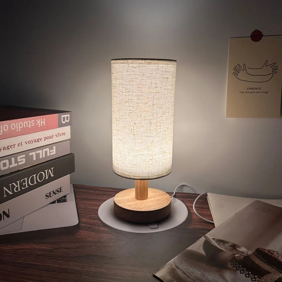 Wooden Bedside Lamp with Linen Shade | USB LED Night Light
