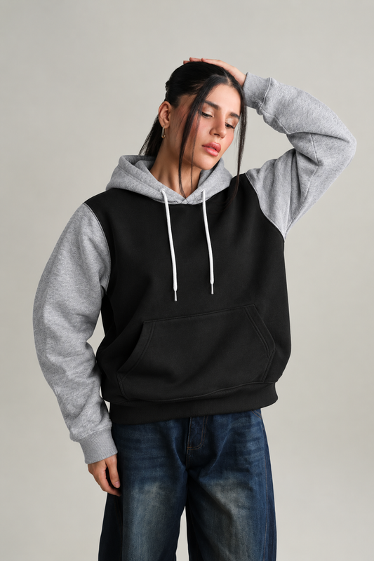 Winter Black With Grey Basic Hoodie For Women