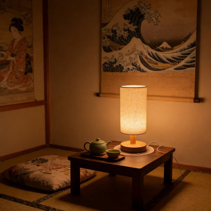 Wooden Bedside Lamp with Linen Shade | USB LED Night Light