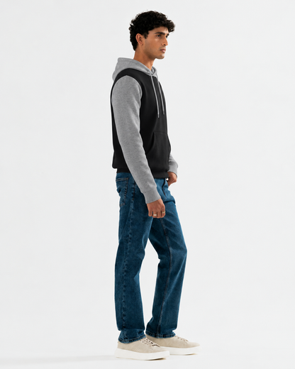 Winter Black With Grey Basic Hoodie For Men