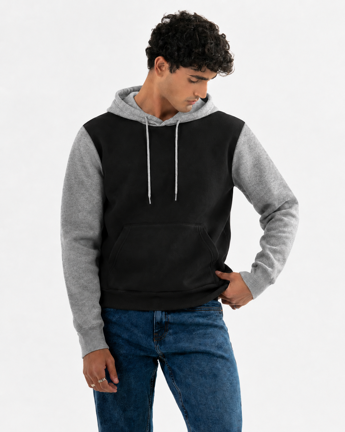 Winter Black With Grey Basic Hoodie For Men