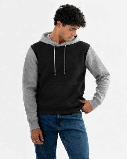 Winter Black With Grey Basic Hoodie For Men