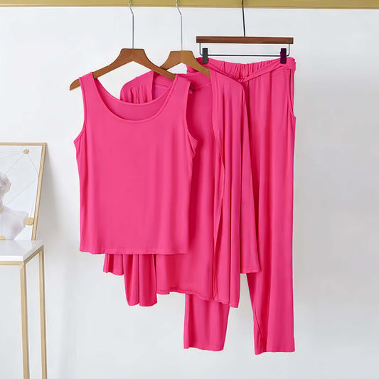 3 Piece Hot Pink Plain Nightwear