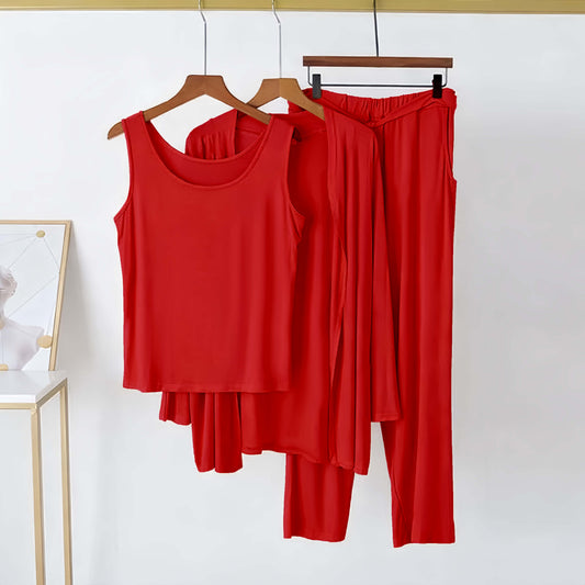 3 Piece Red Plain Nightwear